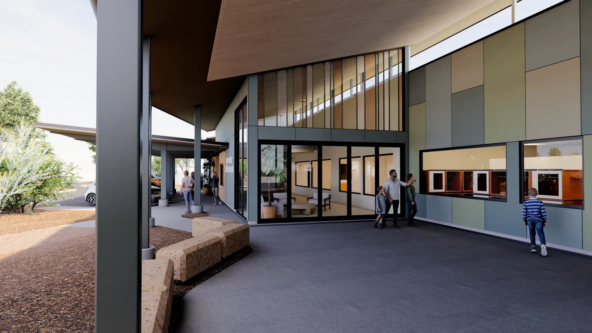 Architectural render of the covered visitor area and reception at Moreton Bay Wildlife Hospital
