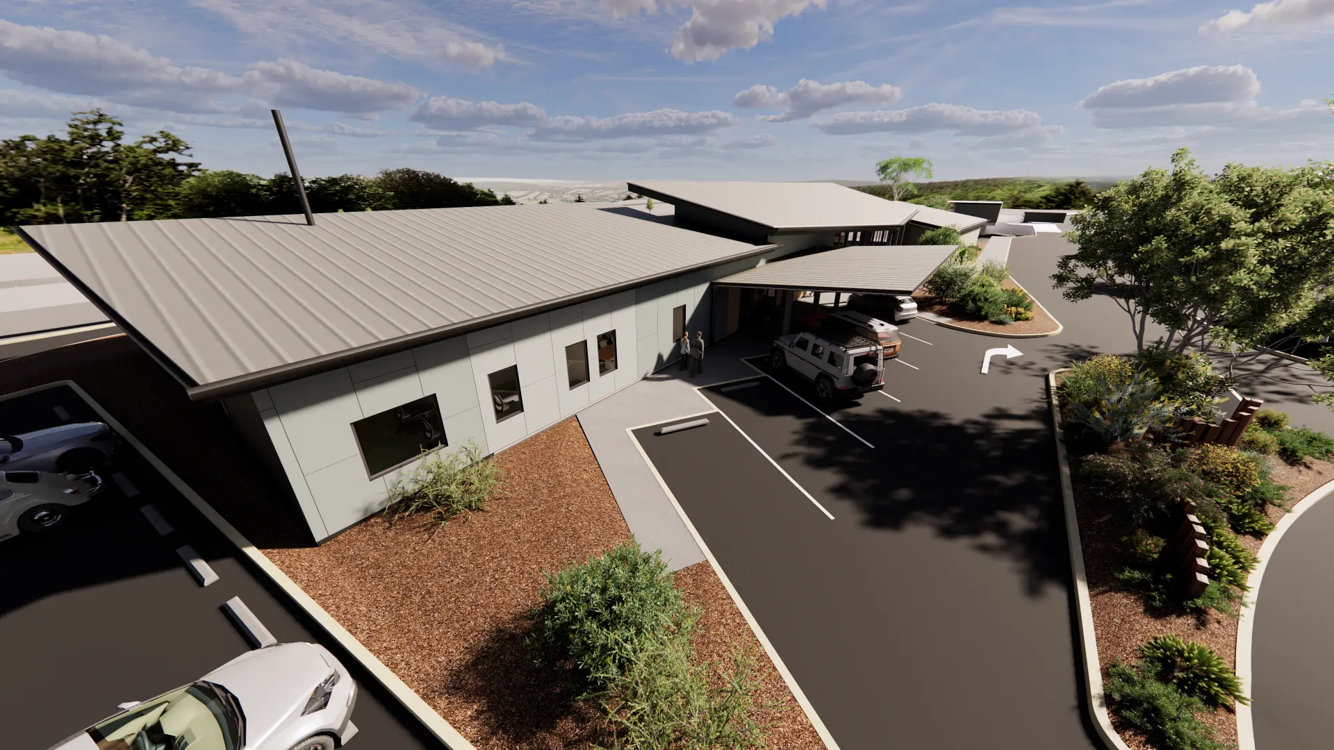 Aerial architectural render of the Moreton Bay Wildlife Hospital buildings and landscaped site