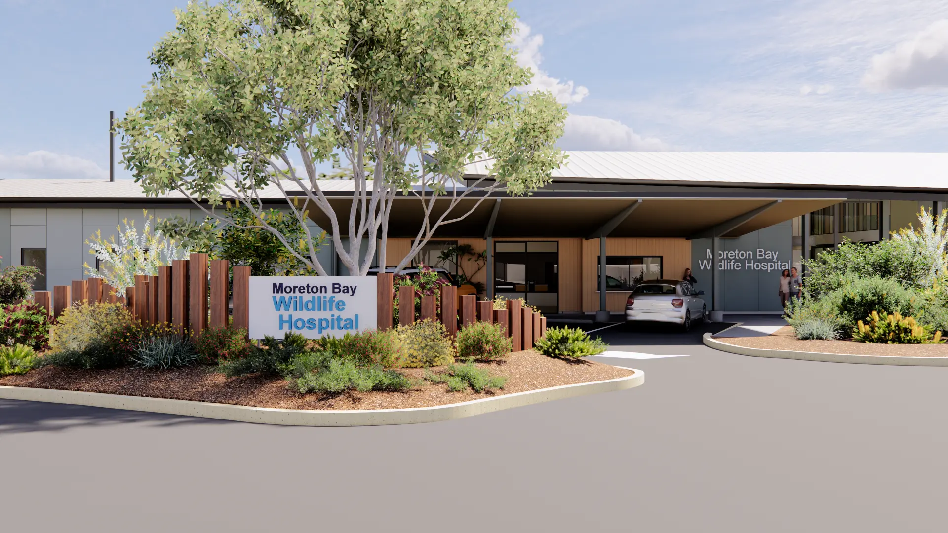 Architectural render of the landscaped public arrival at Moreton Bay Wildlife Hospital