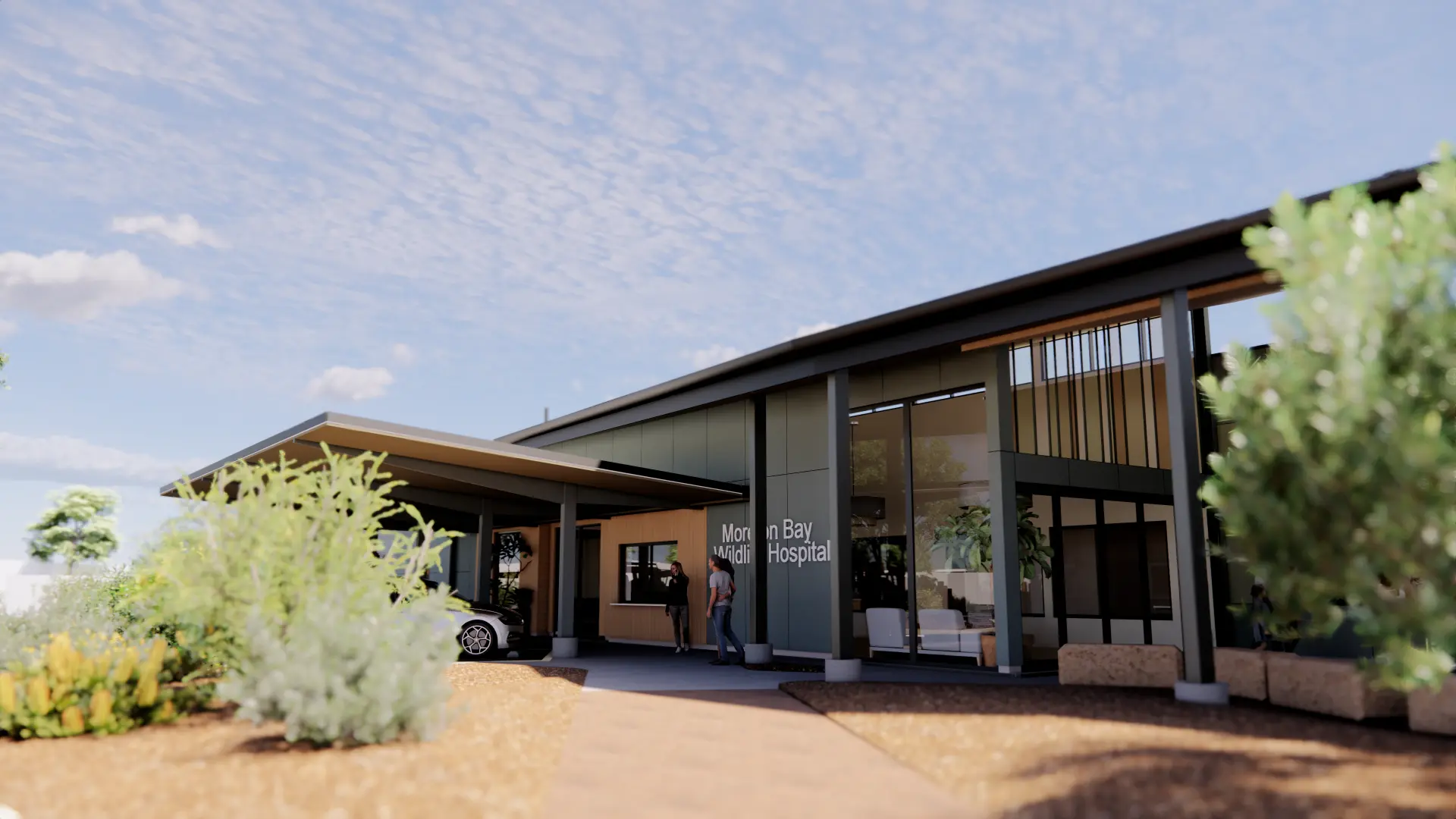 Architectural render of the Moreton Bay Wildlife Hospital main entrance and landscaped courtyard